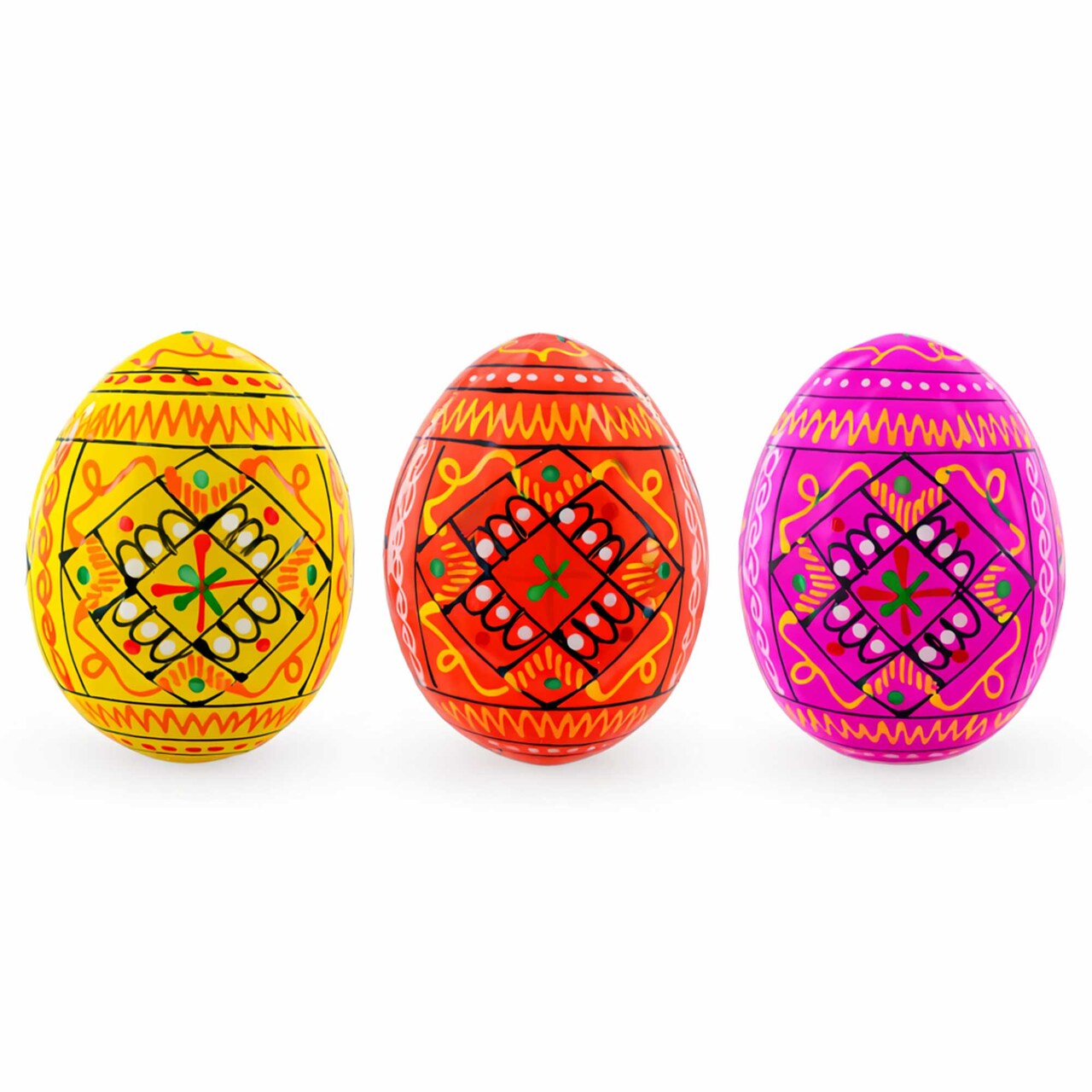 Set of 3 Yellow, Pink, Orange Geometric Ukrainian Pysanky Wooden Easter Eggs 2.5 Inches